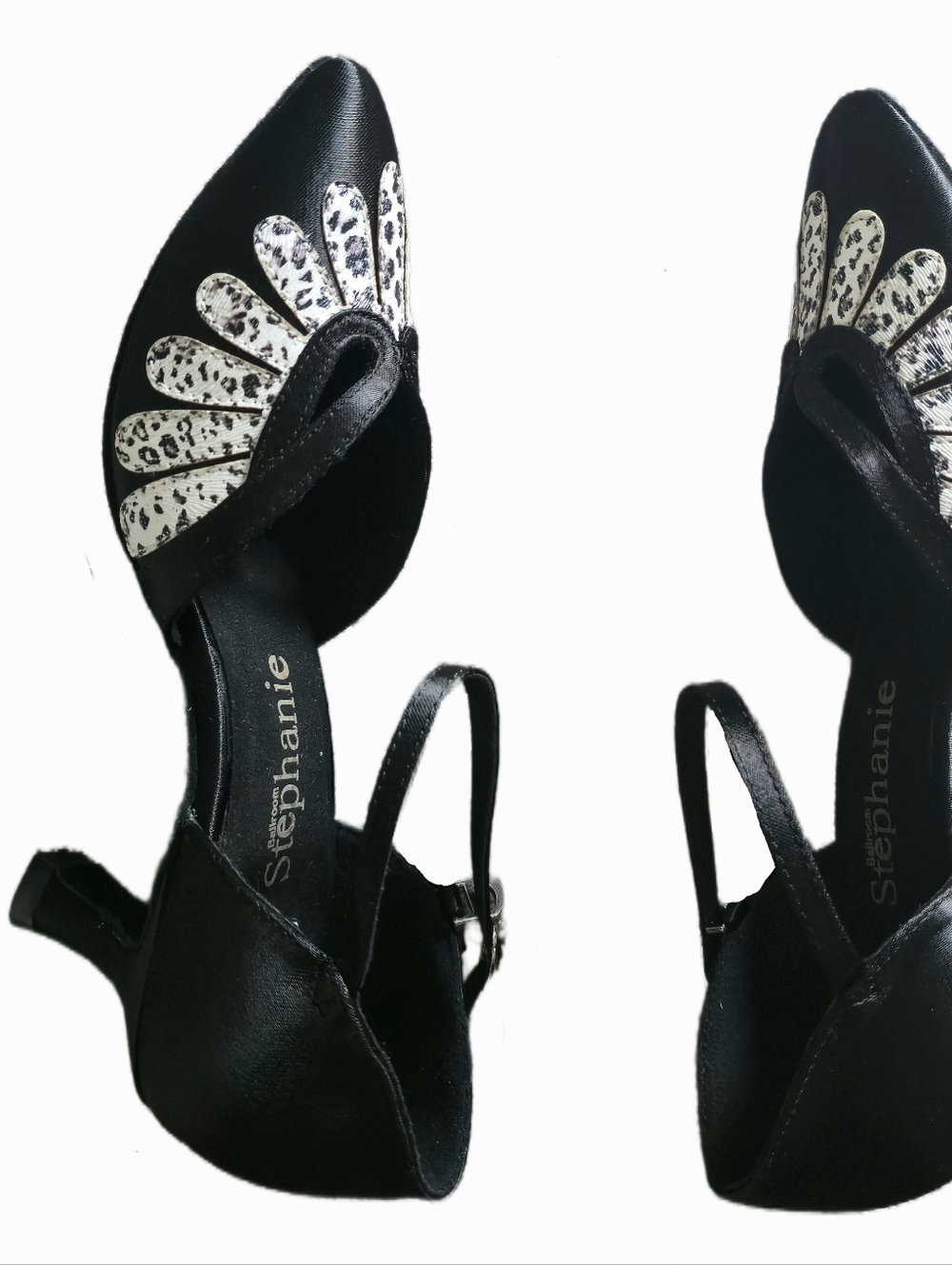 Ballroom Stephanie Black Satin White Leopard Print Motif Dancing Shoes Size 7 - Picture 6 of 11
